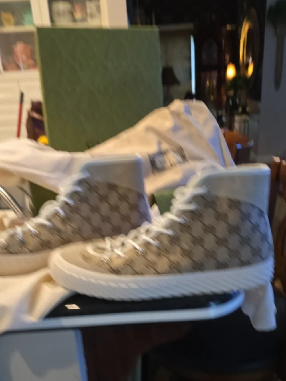 Gucci Beige GG Canvas High-Top Sneakers with White Laces